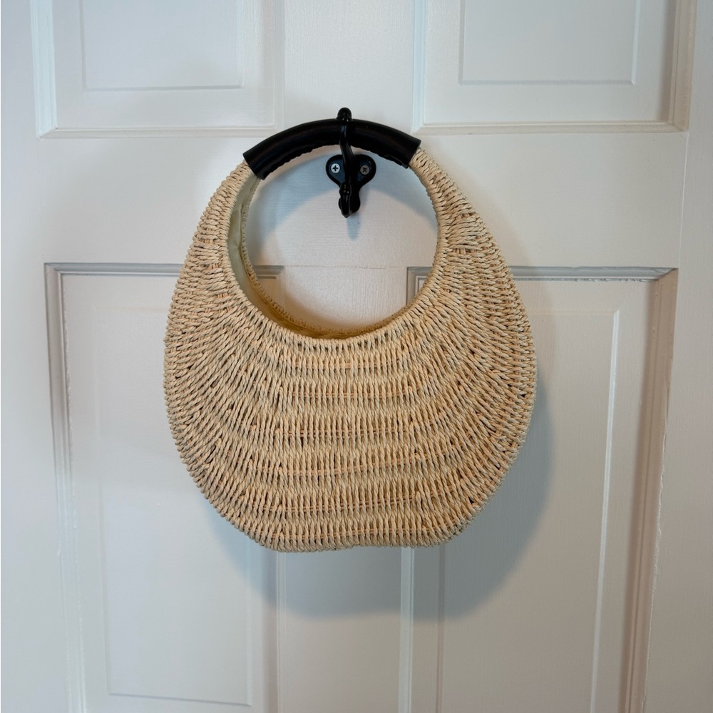 Straw Bag with Black Leather Handle